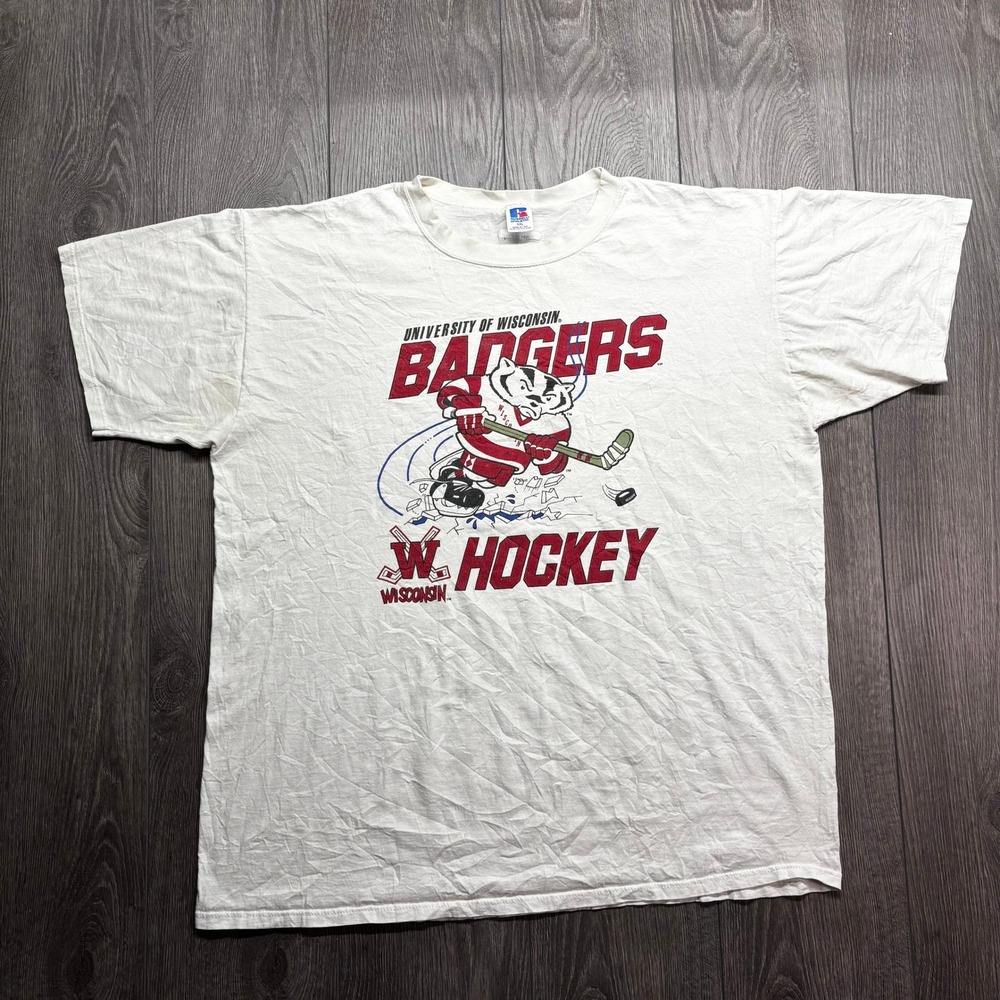 Vintage 90s Russell Athletic Wisconsin Badgers Hockey T-Shirt Mens XXL White USA